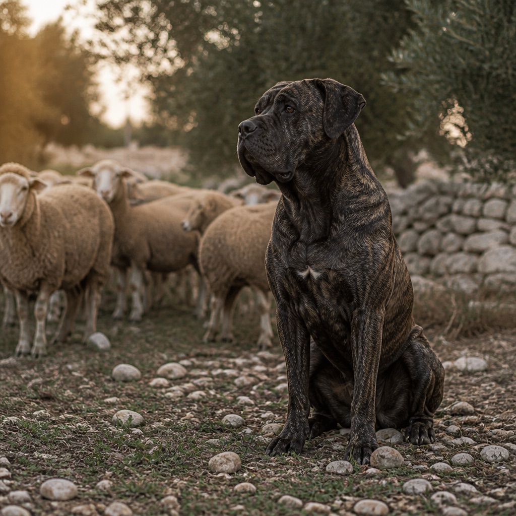 Gestreepte Cane Corso bewaakt kalm een kleine kudde schapen op een Zuid-Italiaans erf bij schemer, muur van stapelstenen en olijfbomen op de achtergrond