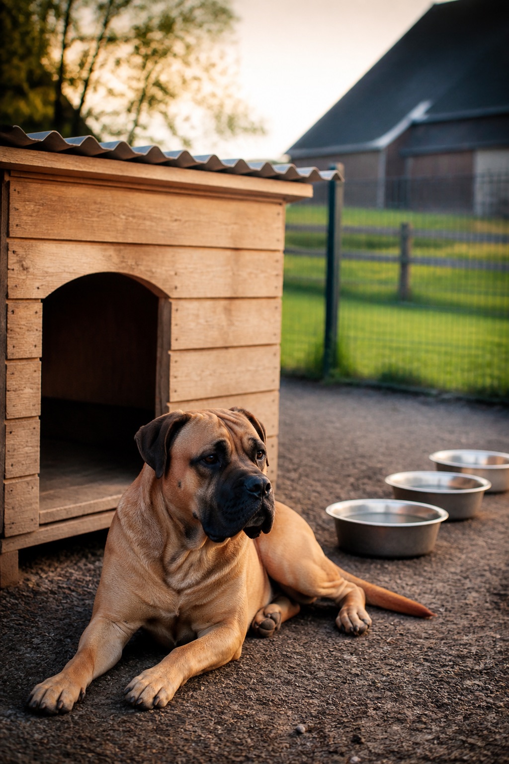 Reuachtige fauvel Cane Corso-moeder ligt rustig naast haar kennelhuis op een verzorgd erf, waterbakken in een rij, afrastering en schuur op de achtergrond