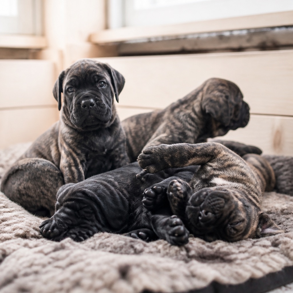 Vijf gestreepte en zwarte Cane Corso-pups van zes weken samen op een dikke deken, één pup kijkt nieuwsgierig in de lens