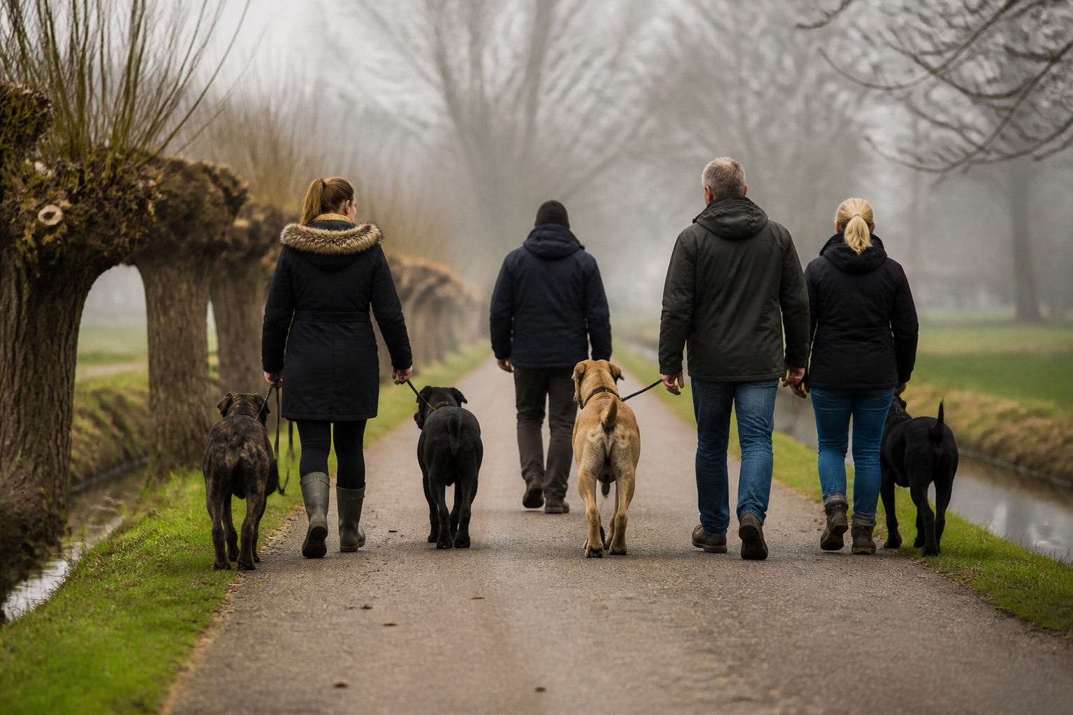 Vier Cane Corsos in verschillende kleuren lopen losjes aan de lijn mee op een landelijke clubwandeling, eigenaren van achteren gezien
