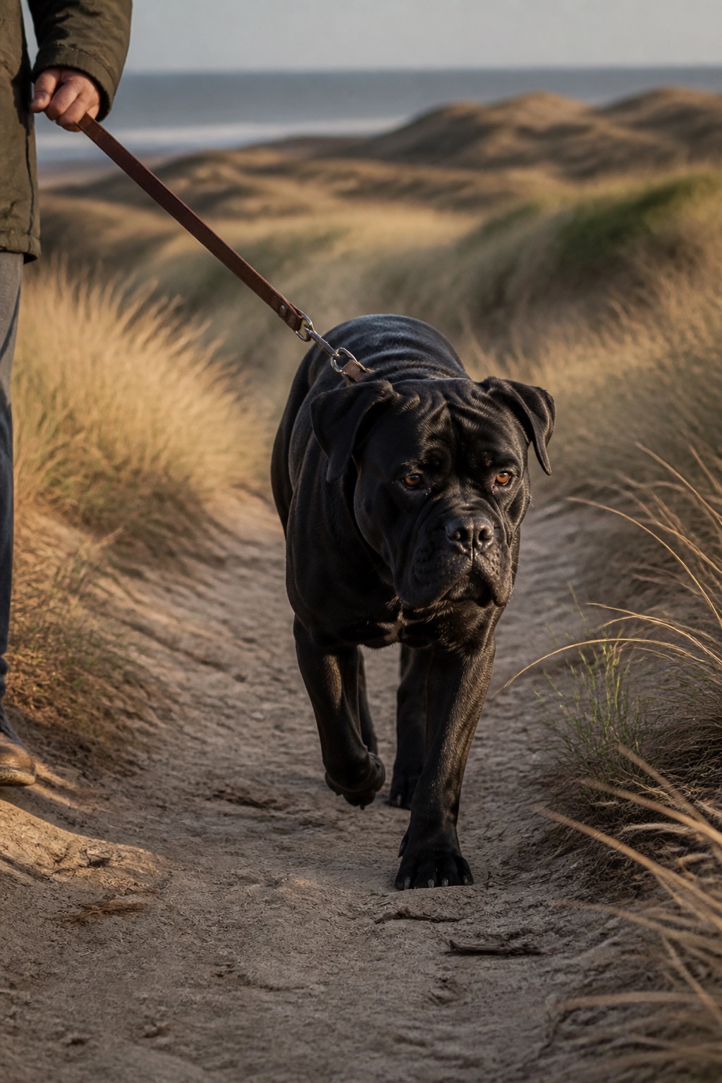 Zwarte Cane Corso loopt vooruit aan de lijn over een zandig duinpad door helmgras, laagstaande avondzon met lange schaduwen